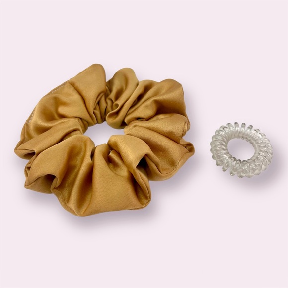 HANDMADE spiral satin hair scrunchie, tan - Picture 4 of 4